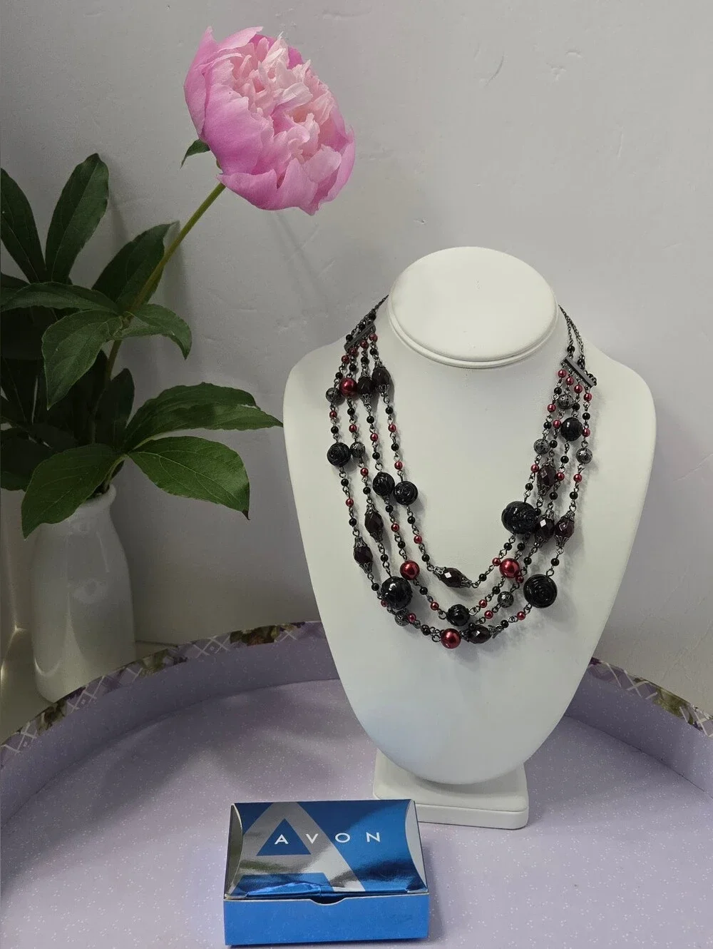Avon Multi-Strand Black and Red Beaded Necklace